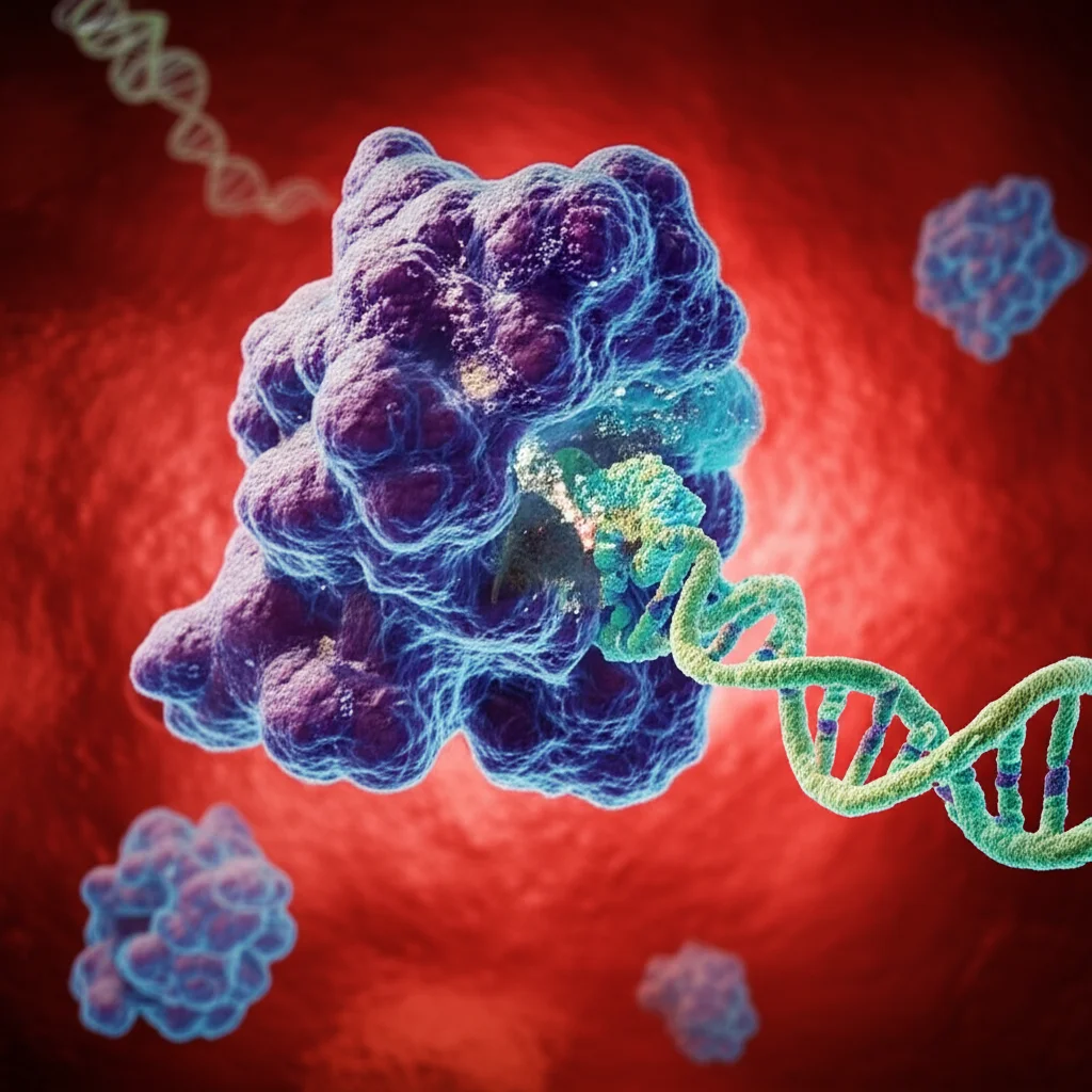 Conceptual image of a potential therapeutic molecule interacting with a specific RNA target within a cell, representing a strategy to treat kidney disease. Photorealistic style, controlled lighting.