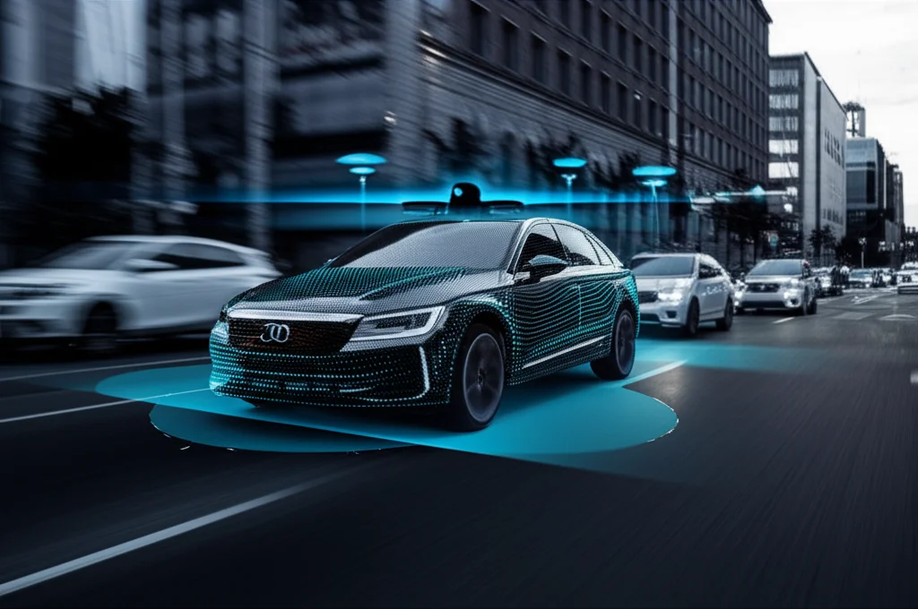 A dynamic action shot of an autonomous vehicle navigating a complex urban environment at dusk, with LiDAR point clouds visualized as glowing blue overlays, highlighting object detection. Telephoto zoom, 150mm, fast shutter speed, movement tracking, film noir style.