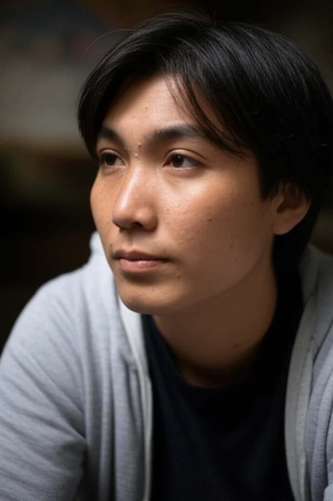 A person sitting quietly, looking thoughtful, a subtle expression of relief on their face. 35mm portrait, depth of field, soft lighting, capturing a moment of reduced burden.