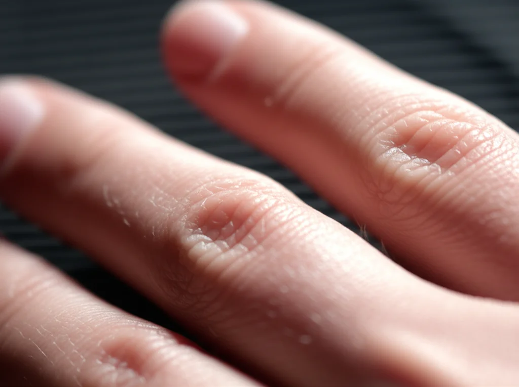 A close-up macro lens shot (60mm) of a hand gently touching skin, focusing on texture and detail, suggesting care and relief. High detail, precise focusing, controlled lighting.