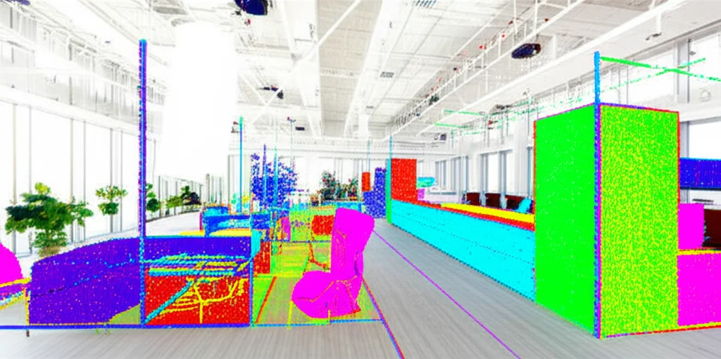 A wide-angle interior shot of a modern architectural space, with furniture and structures clearly segmented by colored point cloud overlays. Wide-angle lens, 15mm, sharp focus, long exposure to smooth out any movement, showcasing detailed semantic segmentation in a bright, airy room.