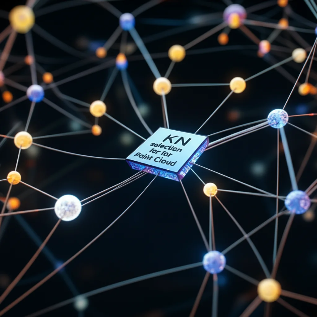 A close-up, high-detail shot of a neural network diagram with glowing nodes and connections, focusing on a specific module labeled 'KNN selection for Point Cloud'. Macro lens, 85mm, precise focusing, controlled lighting, emphasizing interconnectedness with a dark background.