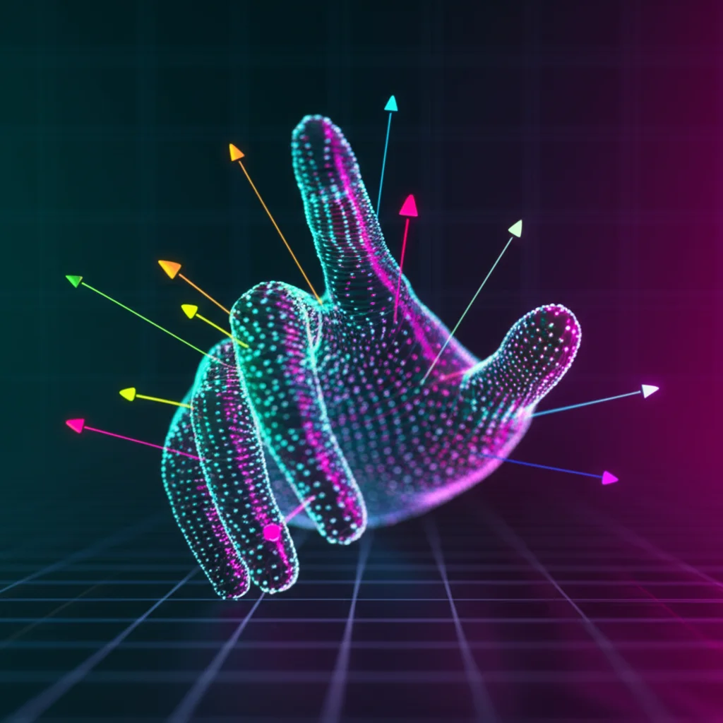 A conceptual image: a 3D point cloud of a human hand being transformed, with geometric feature vectors (normals, curvature) visualized as colorful arrows and overlays emanating from the points. Prime lens, 35mm, depth of field, duotone (vibrant cyan and electric magenta) on a dark, gridded background.