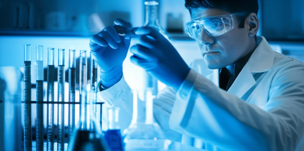 People (portraits), Prime lens, 35mm, Depth of field, duotone (blue and grey): A conceptual, photorealistic image showing a chemist or researcher thoughtfully examining a reaction vessel under controlled blue light, with a shallow depth of field blurring the background laboratory equipment, rendered in blue and grey duotones to evoke a sense of scientific focus and innovation.