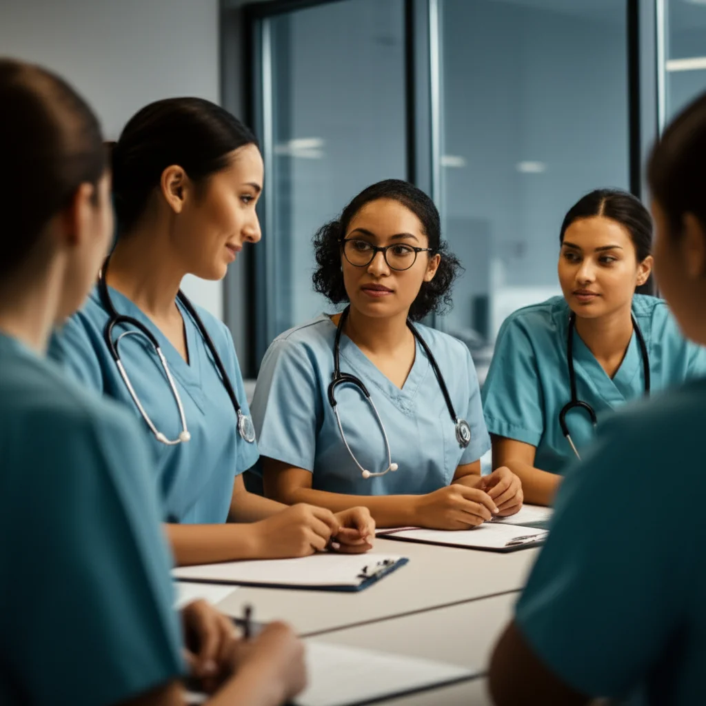 A group of diverse nursing students in a modern classroom setting, engaged in a discussion about cultural differences in healthcare. Shot with a 35mm prime lens, capturing depth of field.