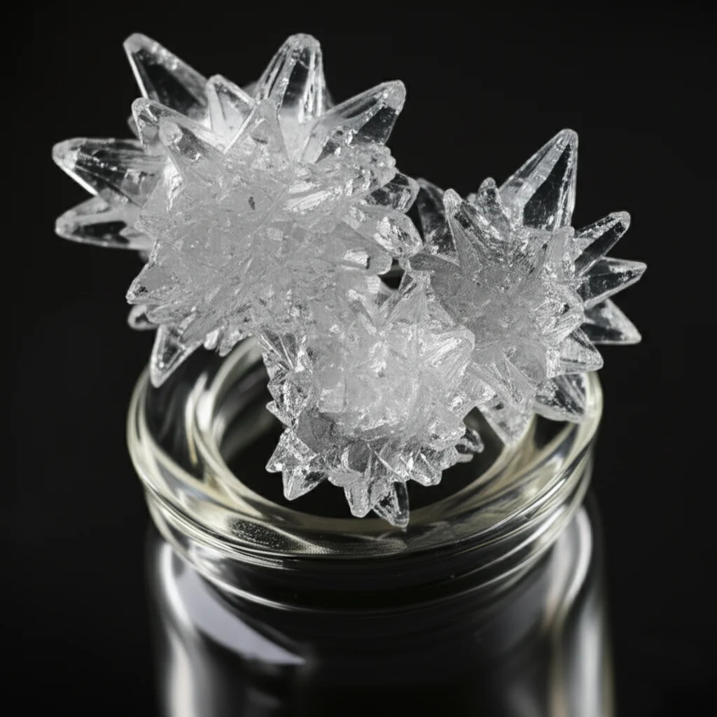 Objects, still life, Macro lens, 105mm, High detail, precise focusing, controlled lighting: A photorealistic close-up image of crystalline solid material, possibly representing the isolated isoxazolidine product, shown on a watch glass or in a small vial, with sharp focus on the crystal structure and careful lighting to highlight its form.