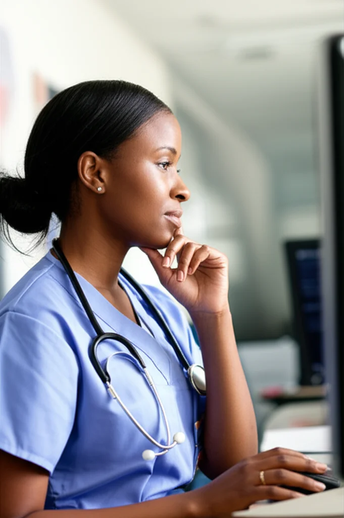 A nurse or student looking thoughtfully at data on a screen or chart, representing the analysis of psychometric properties of a scale. Shot with a 50mm prime lens, focusing on detail and concentration.