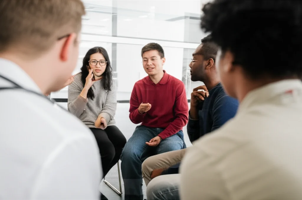 A diverse group of healthcare students participating in an interactive workshop focused on intercultural communication, showing engagement and discussion. Shot with a 24mm zoom lens, capturing the group dynamic with depth of field.