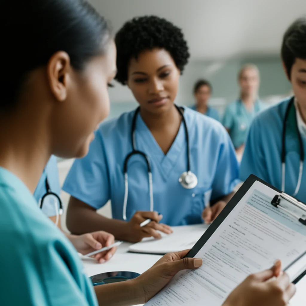 A nursing educator or researcher reviewing curriculum materials and data, with diverse faces subtly visible in the background or on a screen, representing the future of culturally competent nursing education. Shot with a 35mm prime lens, focusing on the planning process.