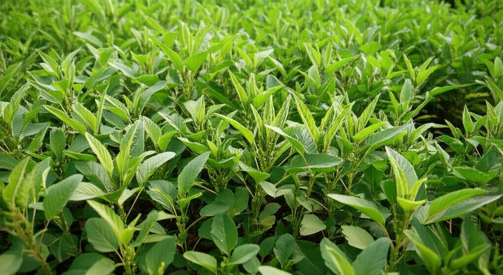 Wide-angle shot of a field of mature green Amaranthus viridis plants under sunlight, 24mm lens, sharp focus, natural lighting.