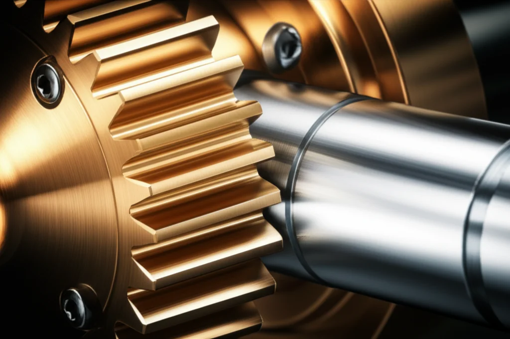 A close-up, photorealistic image of a gleaming bronze worm wheel meshing with a steel worm shaft, macro lens, 85mm, high detail, precise focusing, controlled lighting highlighting the metallic textures and gear teeth geometry.