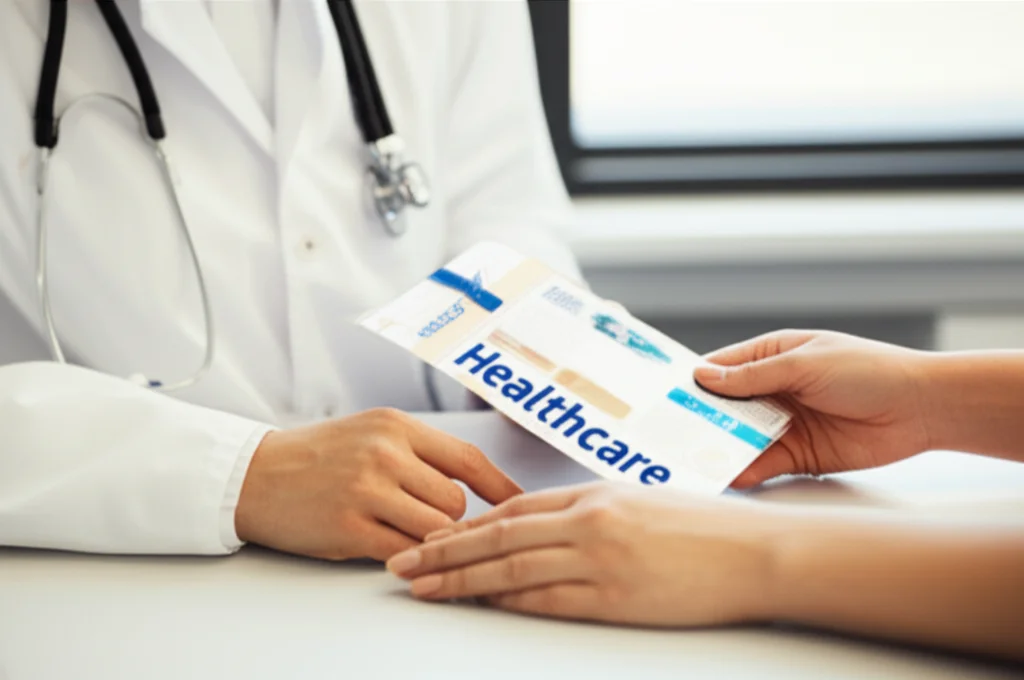 Still life image of hands reaching for a healthcare pamphlet in a clinic setting, macro lens, 60mm, high detail, controlled lighting.