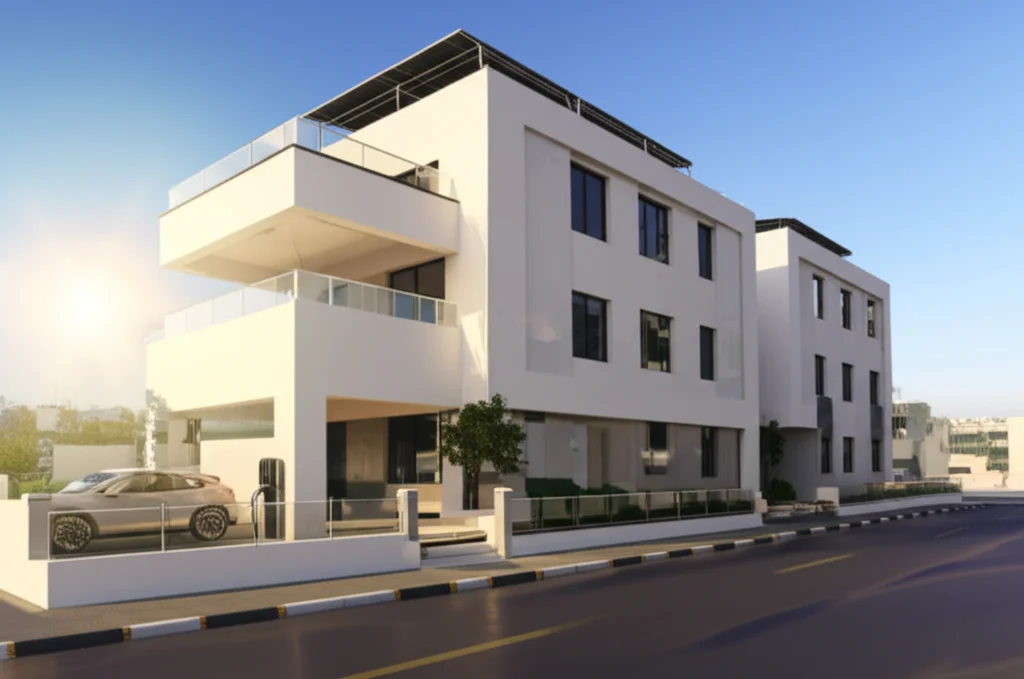 Wide-angle landscape view of a modern residential building in Amman, Jordan, with rooftop solar panels and an electric vehicle plugged into a charging station. The sun is shining brightly, casting long shadows.