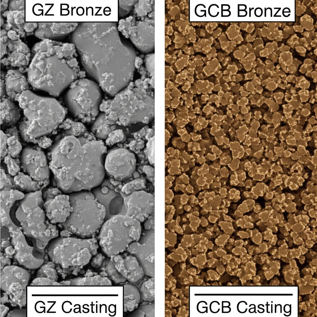 A composite image showing two distinct photorealistic micrographs side-by-side. Left: GZ Bronze with coarser, less uniform δ-phase. Right: GCB Bronze with finer, more uniformly distributed δ-phase. Macro lens, 100mm, high detail, controlled lighting, with subtle labels 'GZ Casting' and 'GCB Casting'.