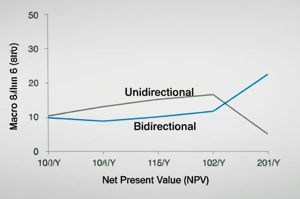 Macro lens, 60mm shot focusing on a section of a financial graph showing two lines, one labeled 'Unidirectional' consistently above the other labeled 'Bidirectional', illustrating Net Present Value (NPV) over time. Precise focusing on the lines and axis labels.