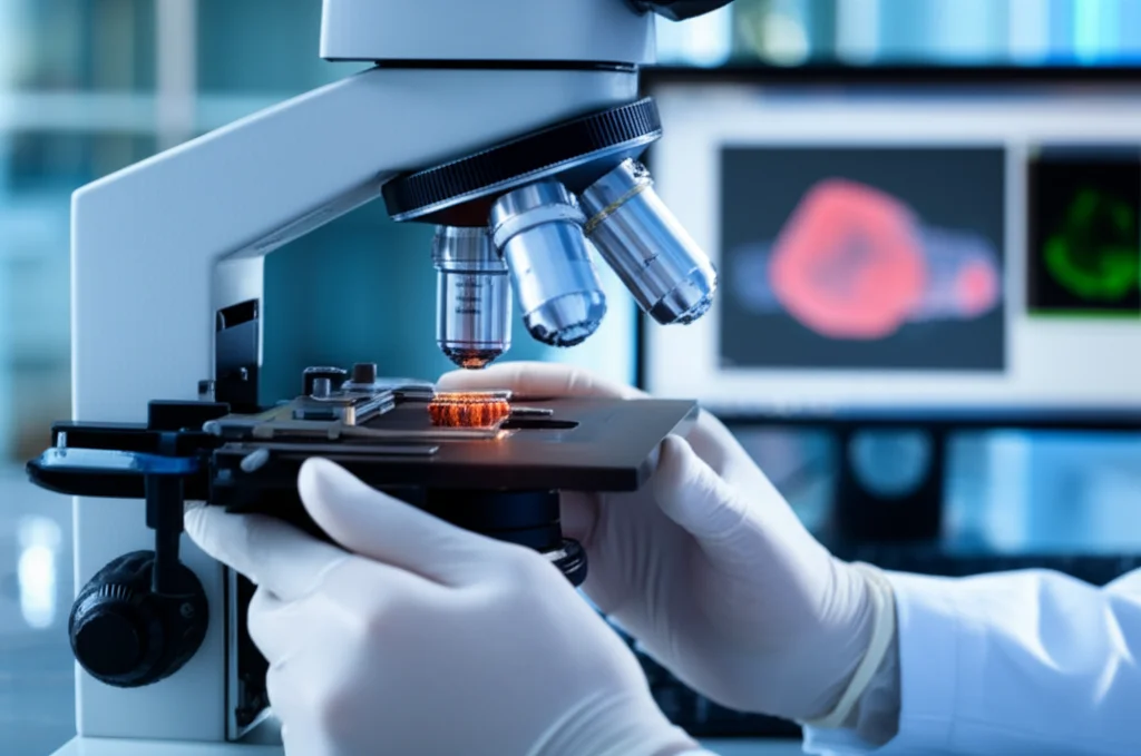A laboratory scene: a technician's hands carefully placing a small, polished bronze gear sample under a metallurgical microscope. Macro lens, 60mm, high detail, precise focusing on the sample and microscope objective, controlled lab lighting, with a computer screen in the background displaying a micrograph. Depth of field to slightly blur the technician and background.