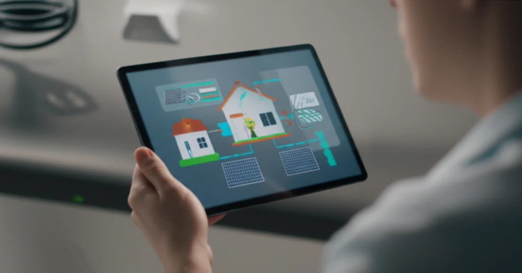 Portrait photography, 35mm portrait of a person looking thoughtfully at a tablet displaying energy flow diagrams for a smart home with solar panels and an EV charger. Soft lighting, depth of field focusing on the tablet screen.