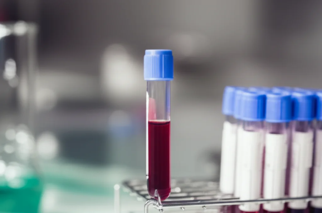 A close-up, macro shot of a blood sample tube in a lab setting, 60mm lens, with a blurred background of medical equipment, high detail, precise focusing, controlled lighting, symbolizing hematological analysis for anemia research.