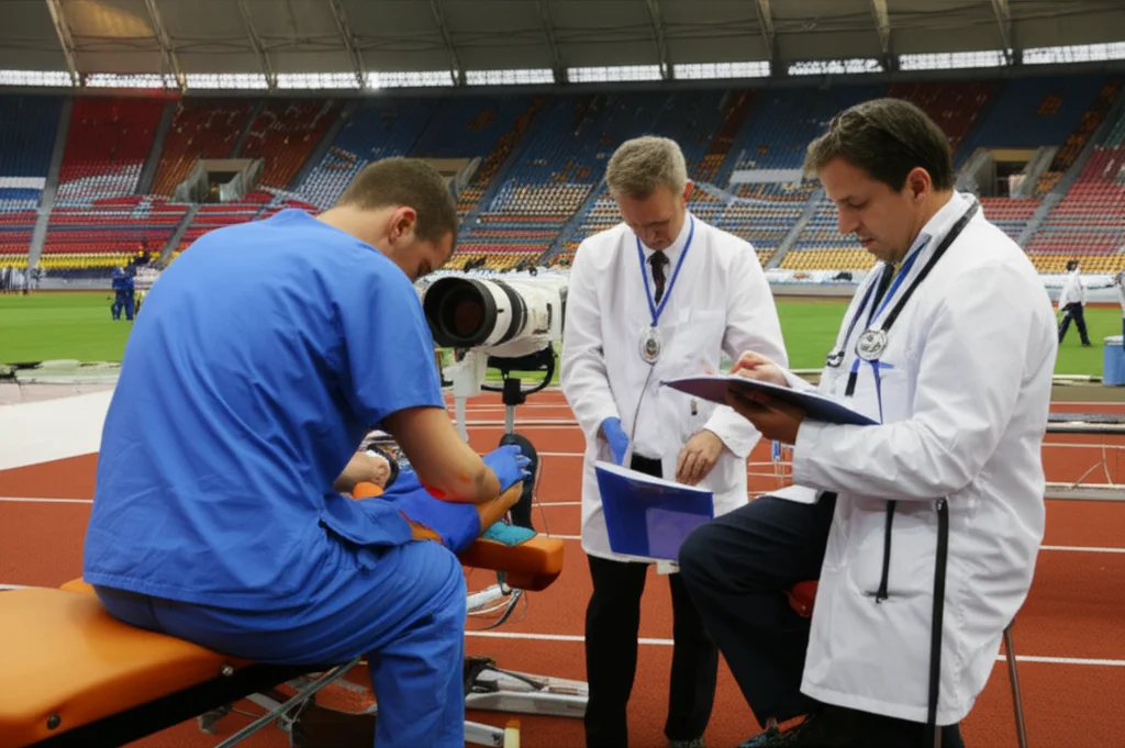Photorealistic image of a busy medical station at an athletics championship. A physiotherapist is working on an athlete's leg while a physician consults a chart nearby. Telephoto zoom lens, 200mm, fast shutter speed, action tracking, controlled lighting.