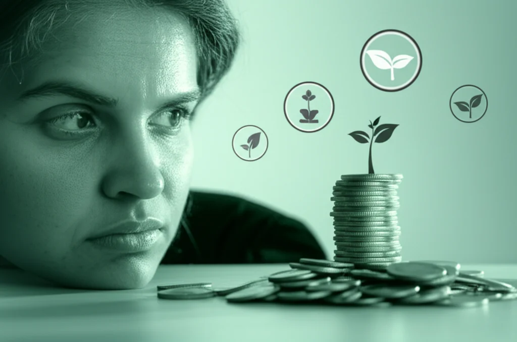 Portrait photography, 35mm portrait, duotone (green and grey), of a person looking thoughtfully at a pile of coins next to environmental symbols, depth of field, representing the rational choice to pay fines instead of complying with environmental regulations.