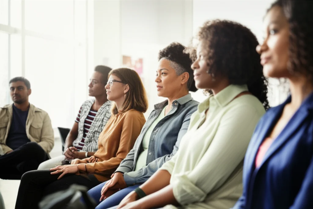 A diverse group of people in a waiting room, some looking thoughtful, others interacting, 35mm portrait style, depth of field, suggesting a population-based health study context for diverse demographic analysis.