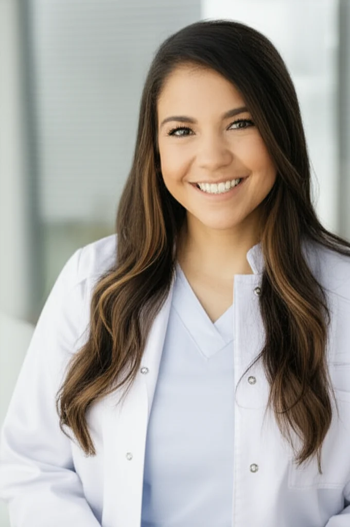 Photorealistic portrait photography of a woman physiotherapist smiling warmly. 35mm portrait lens, depth of field, controlled lighting, professional setting.