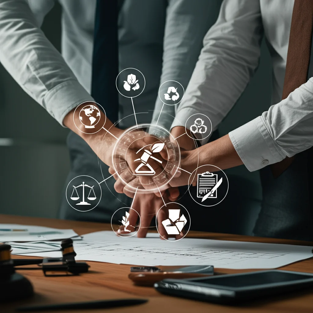 Still life of hands collaborating over a blueprint with environmental icons and legal documents, 60mm macro lens, precise focusing, controlled lighting, symbolizing tailored cooperation and planning for environmental law implementation.