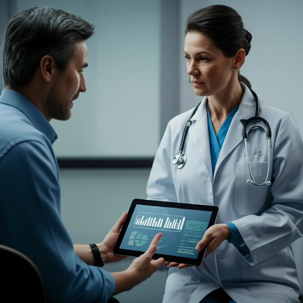 A doctor and patient discussing results on a tablet screen showing graphs and charts, 35mm portrait, film noir style with dramatic lighting, emphasizing the clinical implications and future of personalized anemia risk assessment.