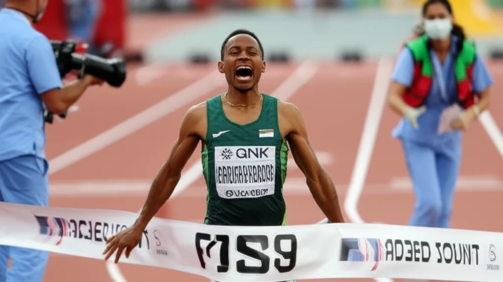 Photorealistic image showing an athlete crossing the finish line in victory, with medical staff visible in the background ready to assist. Telephoto zoom lens, 400mm, fast shutter speed, movement tracking, dynamic composition.