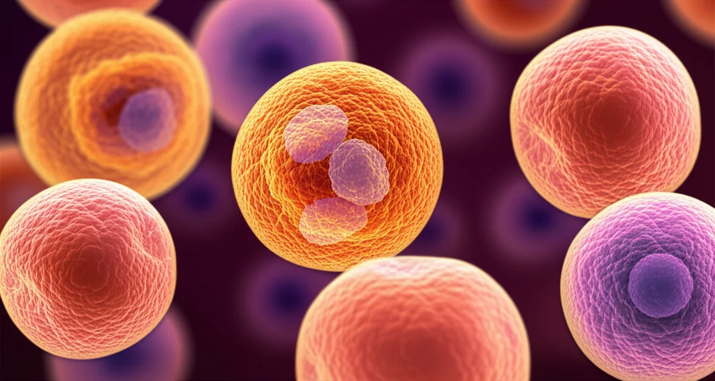 Microscopic view of healthy breast cells alongside triple-negative breast cancer cells, with the cancer cells showing signs of stress, macro lens, 100mm, high detail, precise focusing, controlled lighting.