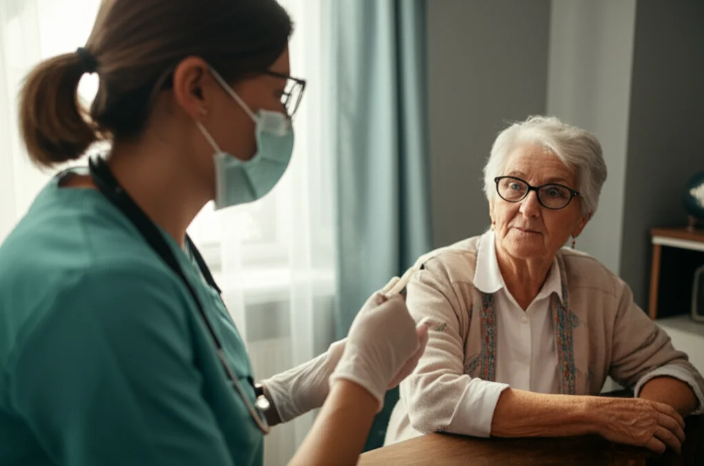 Portrait photography of a healthcare professional discussing health and preventative measures with an older woman, 35mm portrait, depth of field