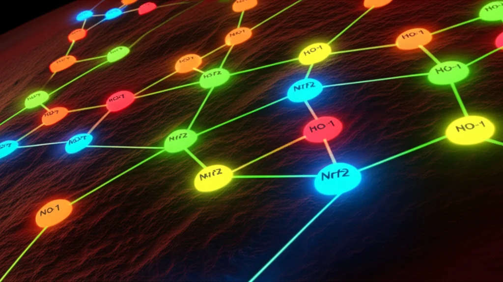 Stylized illustration of cellular pathways with glowing nodes representing Nrf2 and HO-1, macro lens, 100mm, high detail, vibrant colors, precise focusing.