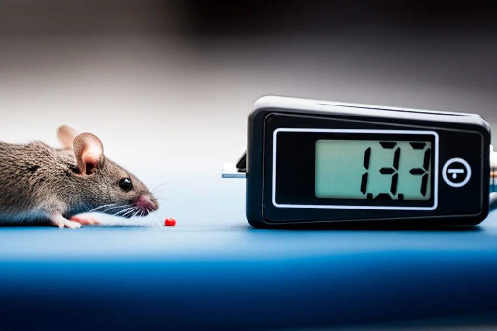 Close-up shot of a small measuring device next to a tiny tumor on a mouse, macro lens, 60mm, high detail, precise focusing.