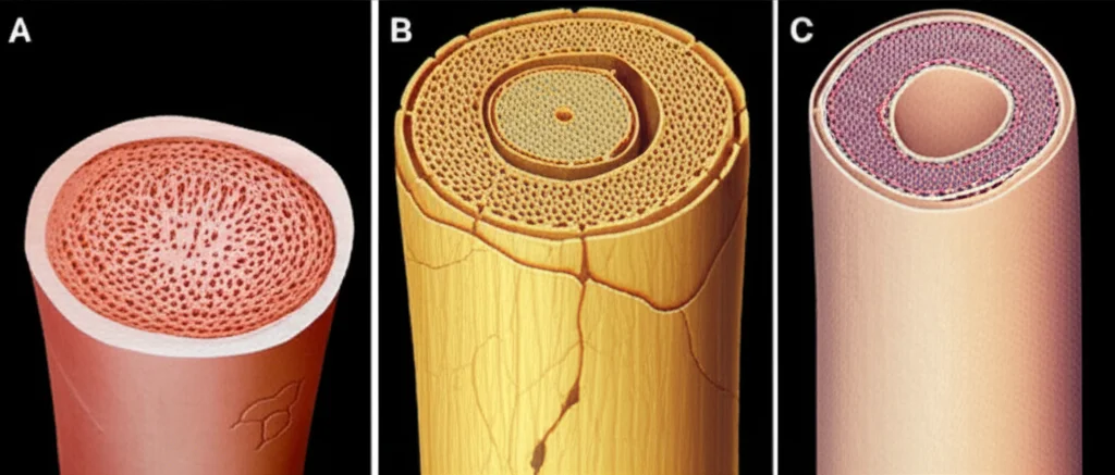 Photorealistic image depicting the anatomical differences in vagus nerve structure across species (rat, pig, human) using cross-sectional illustrations. Use case: Objects/Still Life, Lens type: Macro, Focal length: 60mm, Additional details: High detail, precise focusing, controlled lighting.
