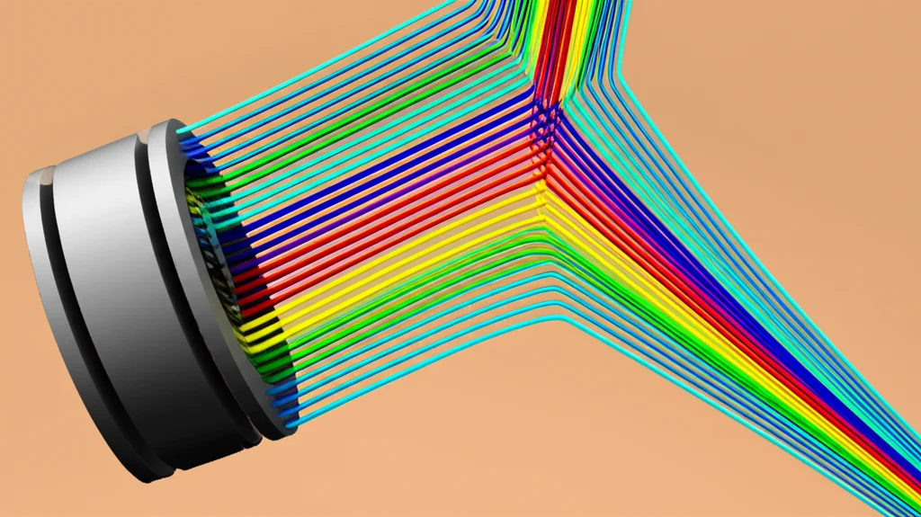 Photorealistic image showing a computational model simulation of vagus nerve stimulation, with colored lines representing nerve fibers and electrical fields from a cuff electrode. Use case: Objects/Still Life, Lens type: Macro, Focal length: 60mm, Additional details: High detail, precise focusing, controlled lighting.