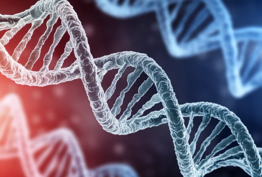 A close-up shot of DNA strands under controlled lighting, macro lens, 60mm, high detail, precise focusing.