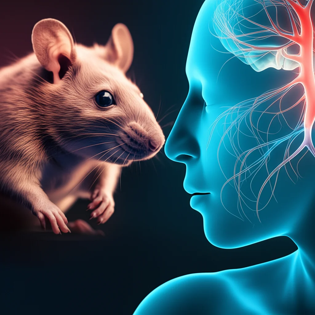 Photorealistic image illustrating the challenge of translating medical therapies, showing a stylized representation of a successful animal trial (rat) failing to replicate results in a human clinical trial, possibly depicting varied nerve responses. Use case: Portraits/Conceptual, Lens type: Prime, Focal length: 35mm, Additional details: Depth of field, duotone (blue and red).