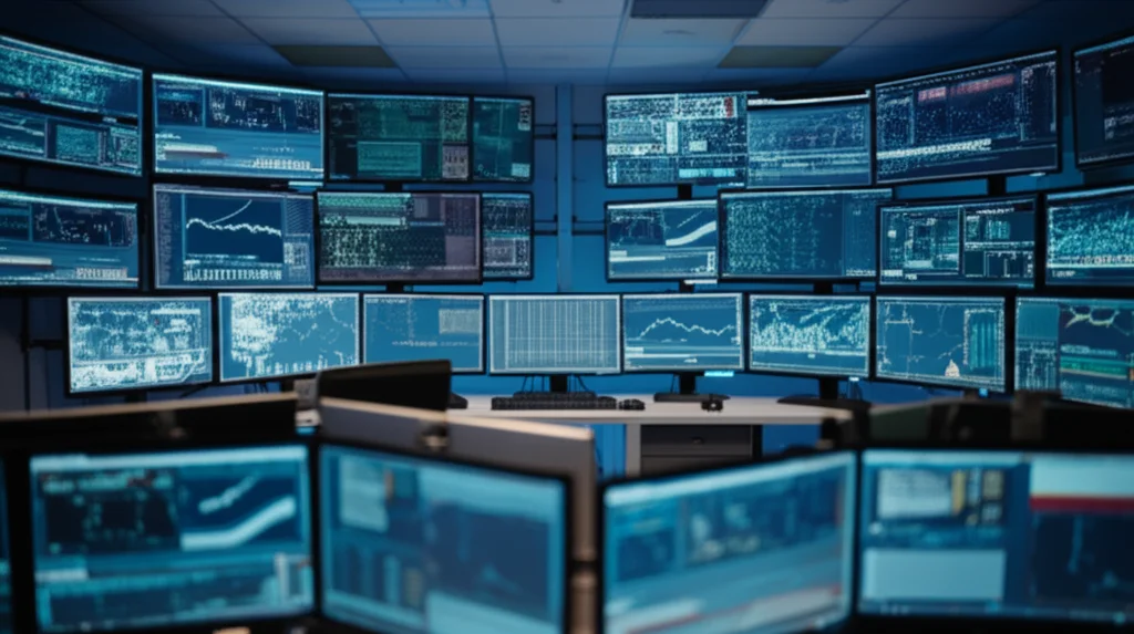 A photorealistic image of complex data visualizations on multiple screens in a modern research lab, wide-angle 24mm, sharp focus.