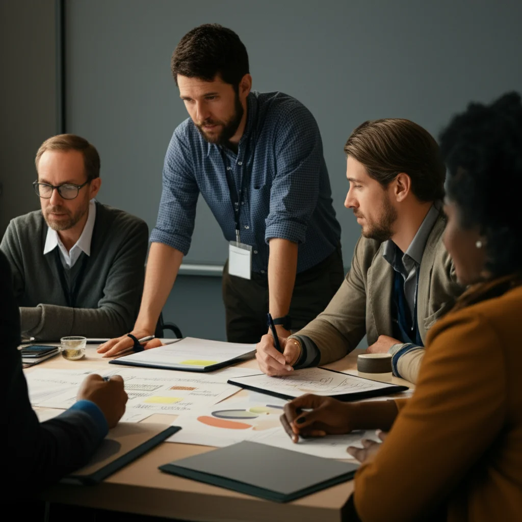 A diverse group of people, including researchers, healthcare professionals, and patient partners, collaborating around a table covered with documents and diagrams. The image uses a 35mm prime lens with a shallow depth of field to highlight the central figures and convey a sense of focused discussion and teamwork. Lighting is controlled to create a professional yet warm atmosphere.