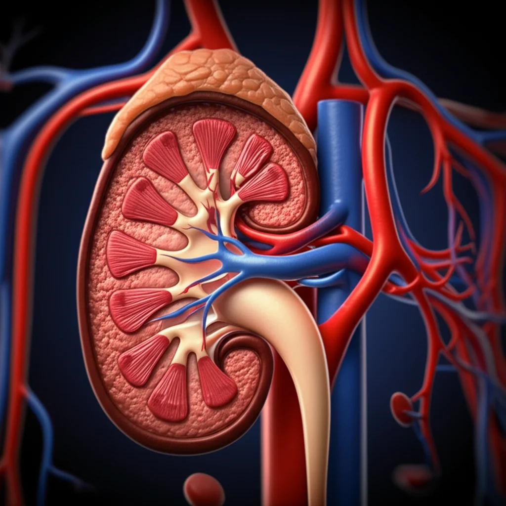 An artistic yet photorealistic depiction of interconnected biological systems, showing stylized blood vessels and kidney structures, depth of field, 35mm portrait lens effect.
