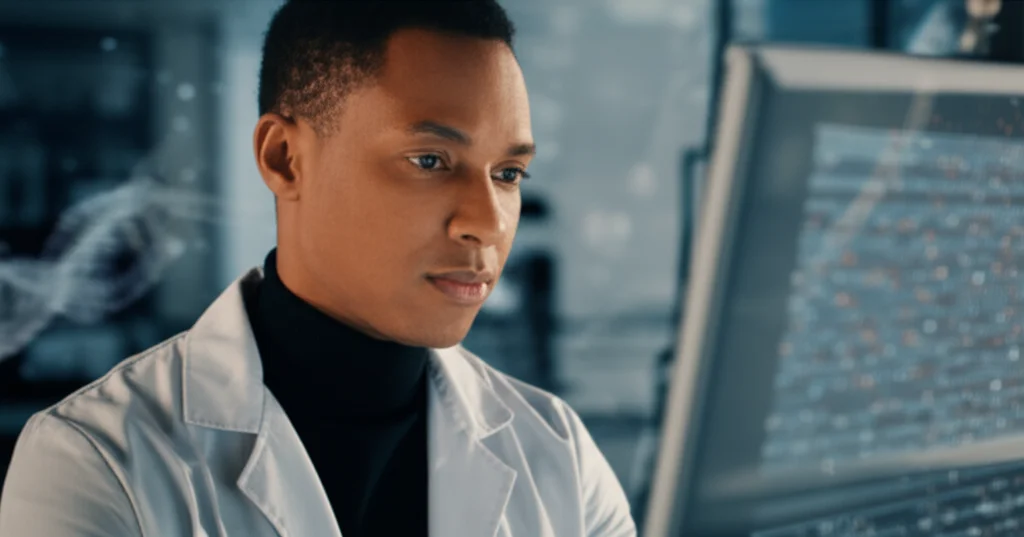 A portrait-style image focusing on a thoughtful scientist looking at complex genetic data, 35mm portrait, depth of field.
