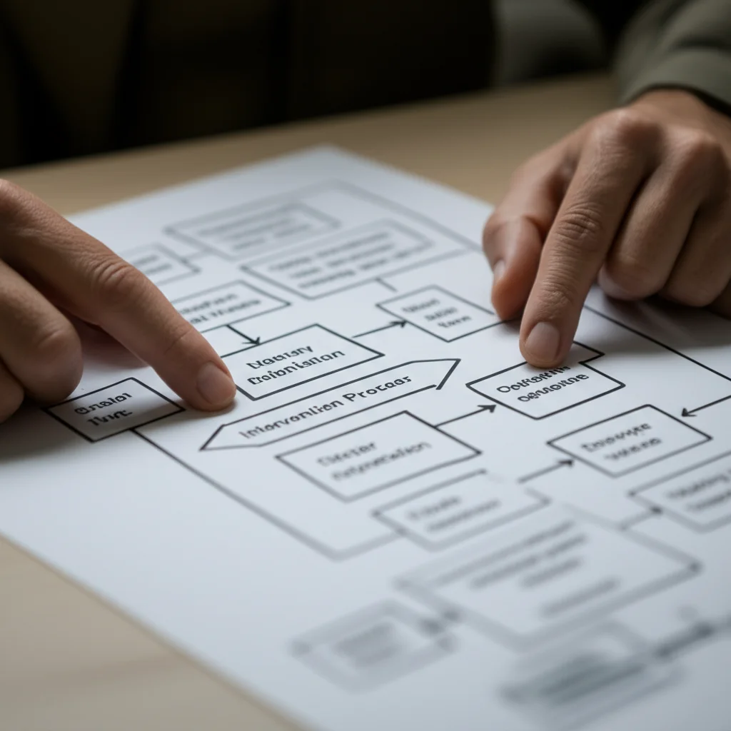 Close-up macro shot (100mm) of hands pointing at a complex diagram or flowchart illustrating the steps of an intervention adaptation process. The image features precise focusing on the diagram lines and text, with controlled lighting to enhance detail and clarity, symbolizing the meticulous nature of breaking down complex processes.