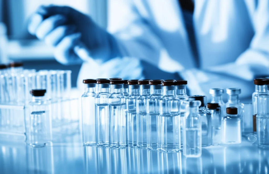 A meticulously organized laboratory bench, macro lens 70mm, showing various glass vials containing clear and amber liquids, with a scientist's gloved hands in the background carefully adjusting a micropipette. High detail, precise focusing, controlled, slightly cool-toned lighting.