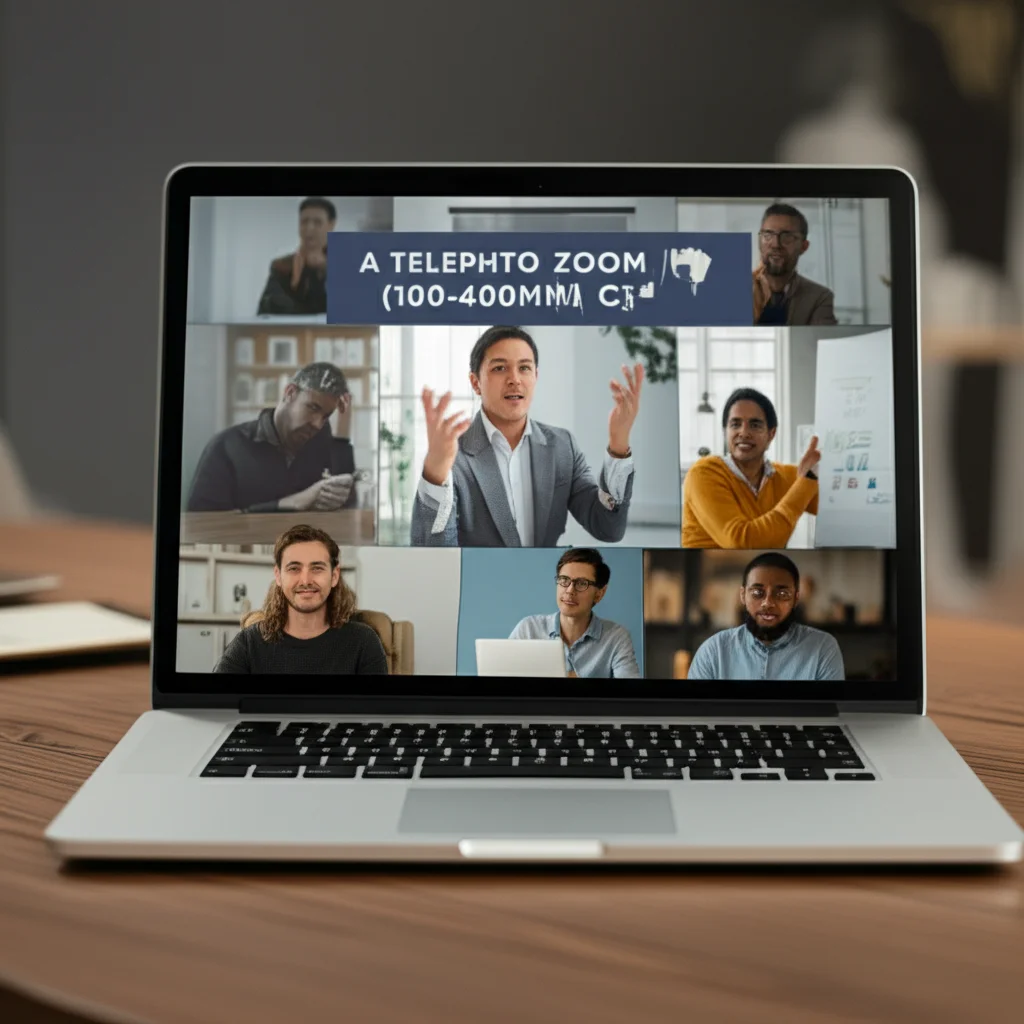A telephoto zoom shot (100-400mm) capturing a diverse team in a virtual meeting, seen through a laptop screen. The image uses a fast shutter speed to freeze the action of people talking and gesturing on the screen, with movement tracking implied by the dynamic composition, symbolizing the challenges and energy of remote collaboration and decision-making.