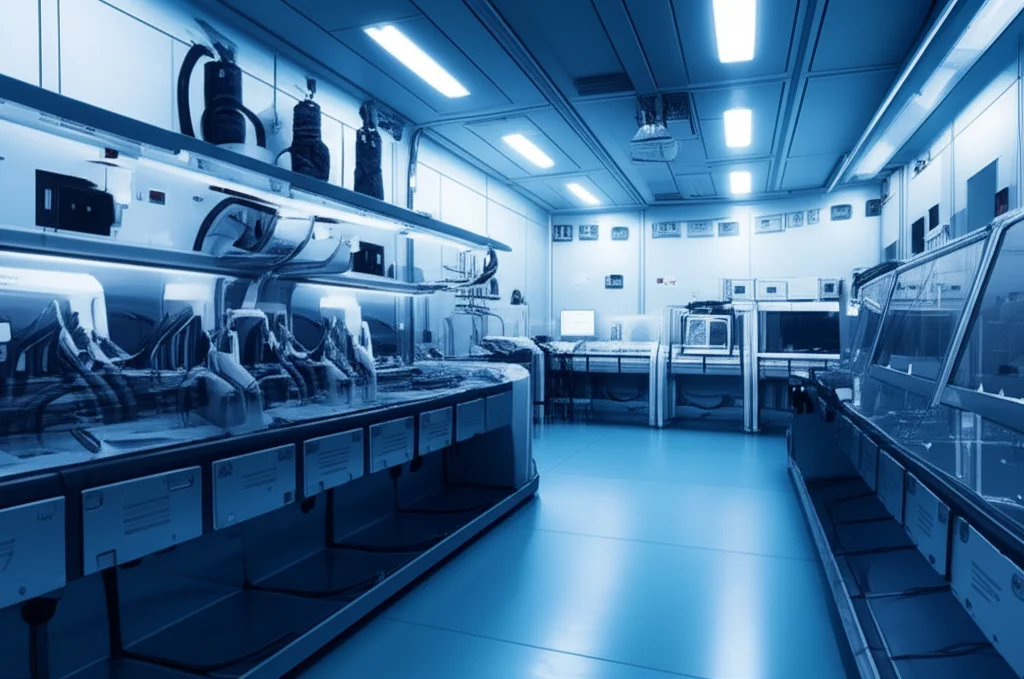 A wide-angle shot of a futuristic research facility with advanced sequencing technology, long exposure, sharp focus.