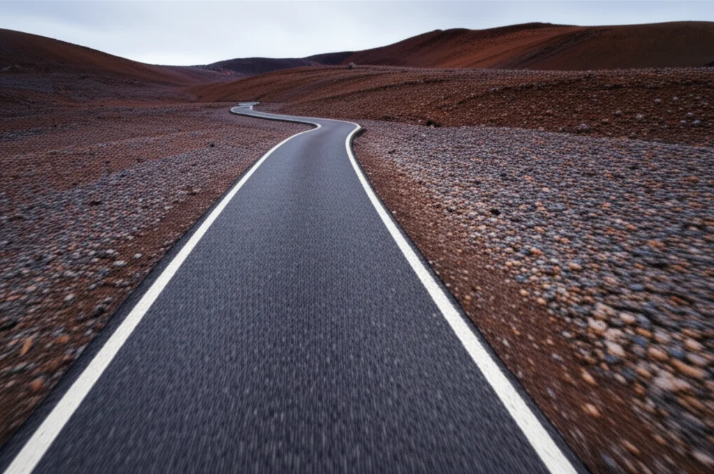 A wide-angle landscape shot (10-24mm) showing a winding path leading through varied terrain – part smooth pavement, part rocky ground. The image uses sharp focus and long exposure to capture the sense of a journey with both clear directions and potential obstacles, symbolizing the process of navigating intervention adaptation with its facilitators and challenges.