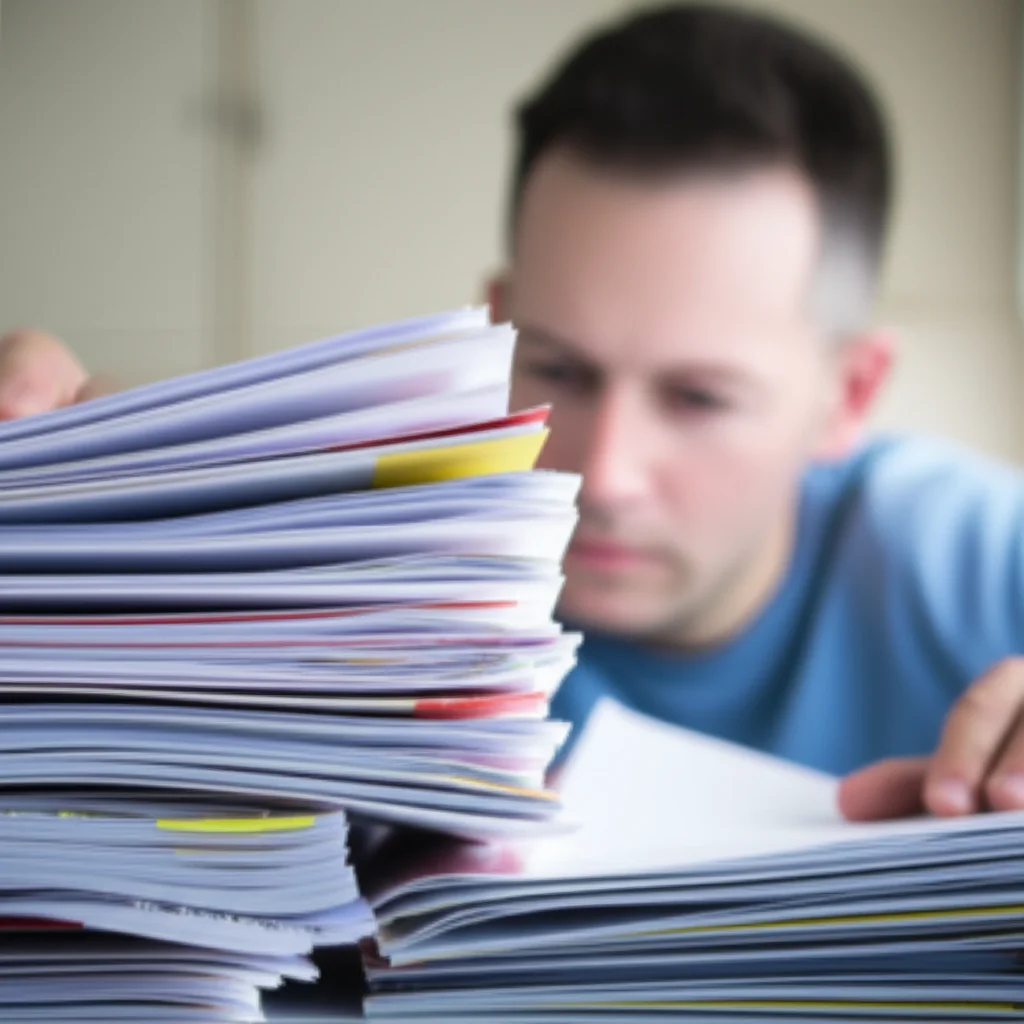 A researcher carefully reviewing stacks of scientific papers, macro lens, 60mm, precise focusing, suggesting the systematic review process.