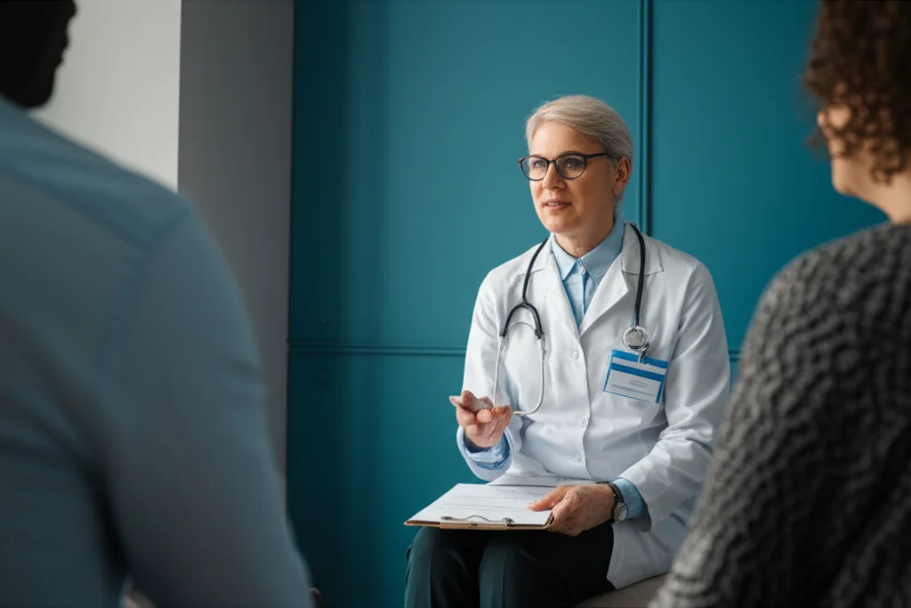A general practitioner having a brief, focused conversation with a patient in a clinic room, 35mm portrait, depth of field, conveying a sense of support.