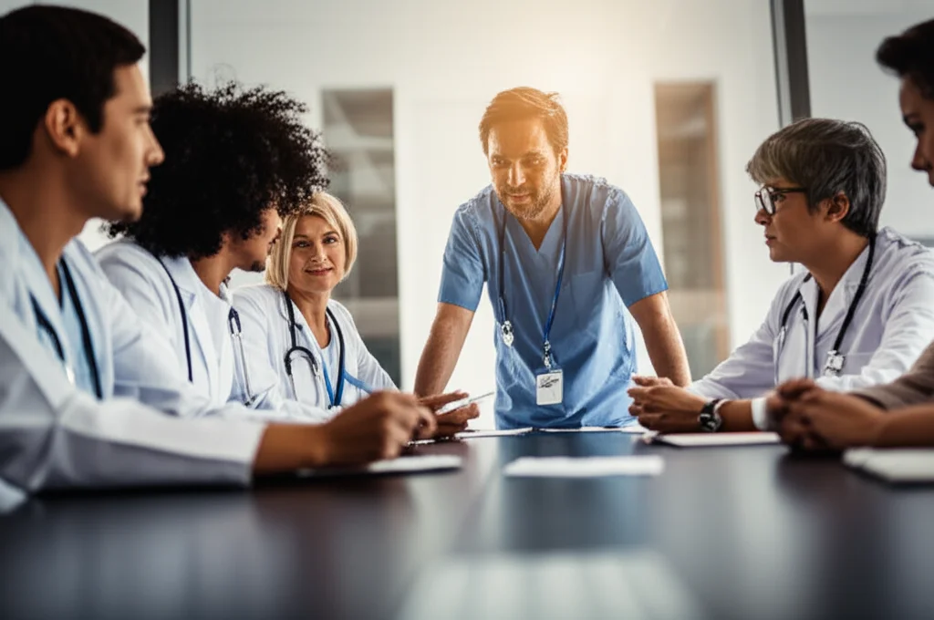 A diverse group of healthcare professionals collaborating around a table, suggesting a collaborative care model, wide-angle lens, 24mm, sharp focus.