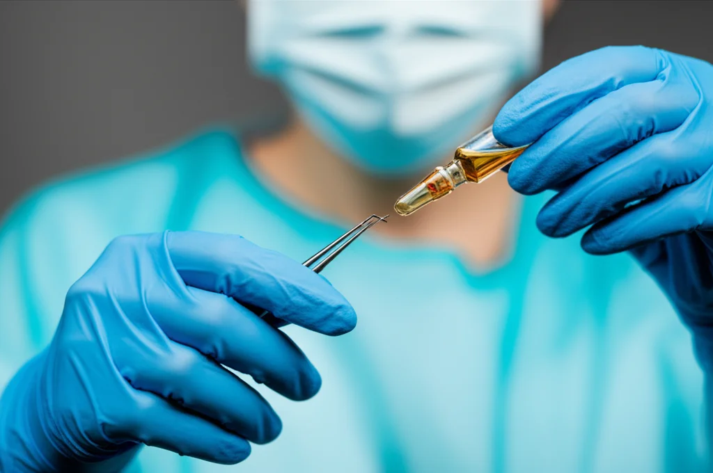 A detailed 60mm macro shot of a medical professional's hands carefully handling a small vial or piece of medical equipment, precise focusing, controlled lighting.